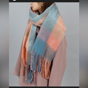 Reversible Mohair Plaid Scarf, Orange Blue Tassel Shawl